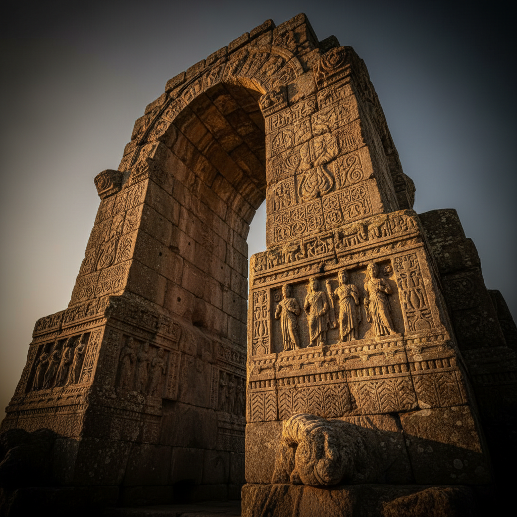 Ancient stone archway seen from below, golden hour light on textured stone, timeless and rooted
