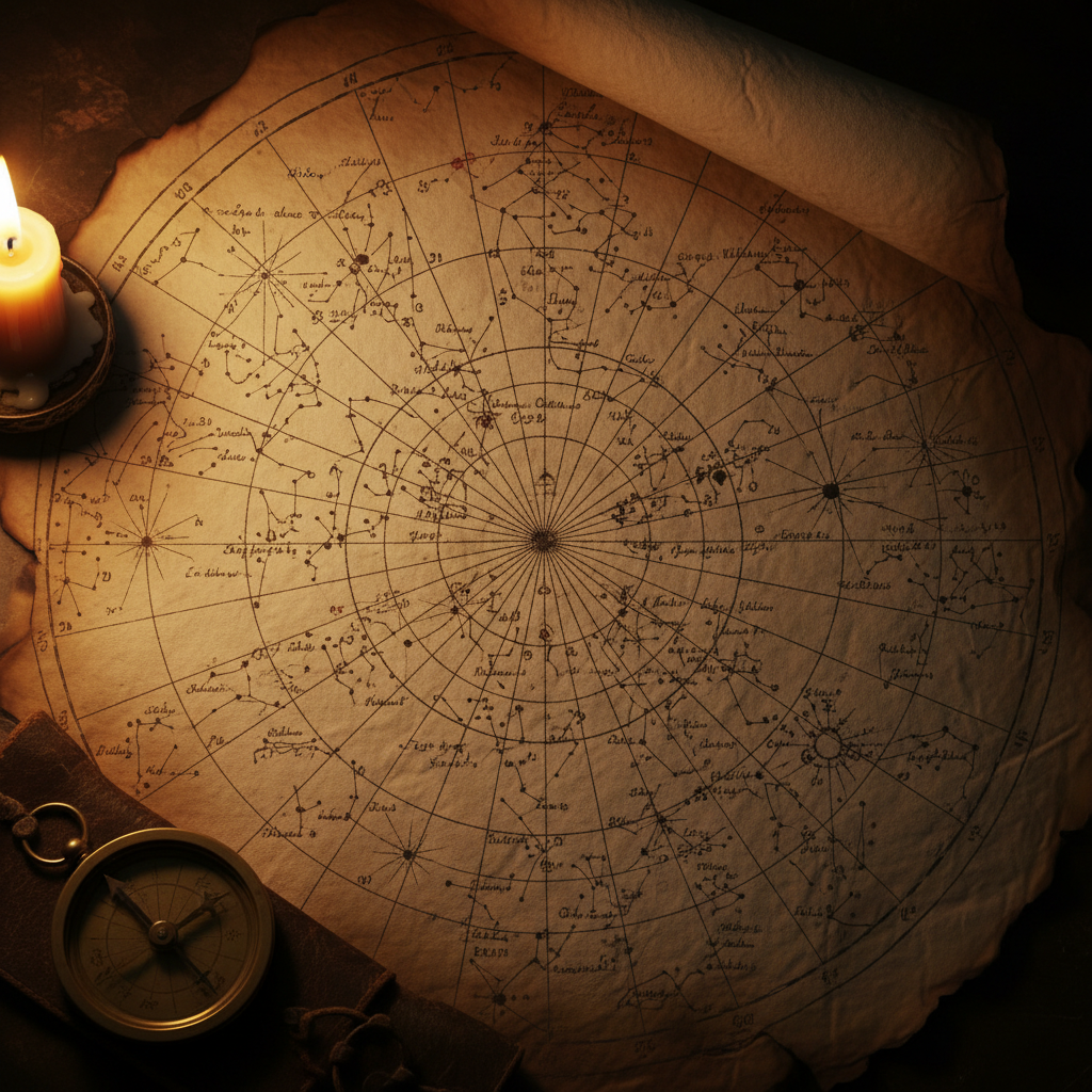 Aged hand-drawn celestial map with compass lines and ink markings on warm parchment, candlelight warm