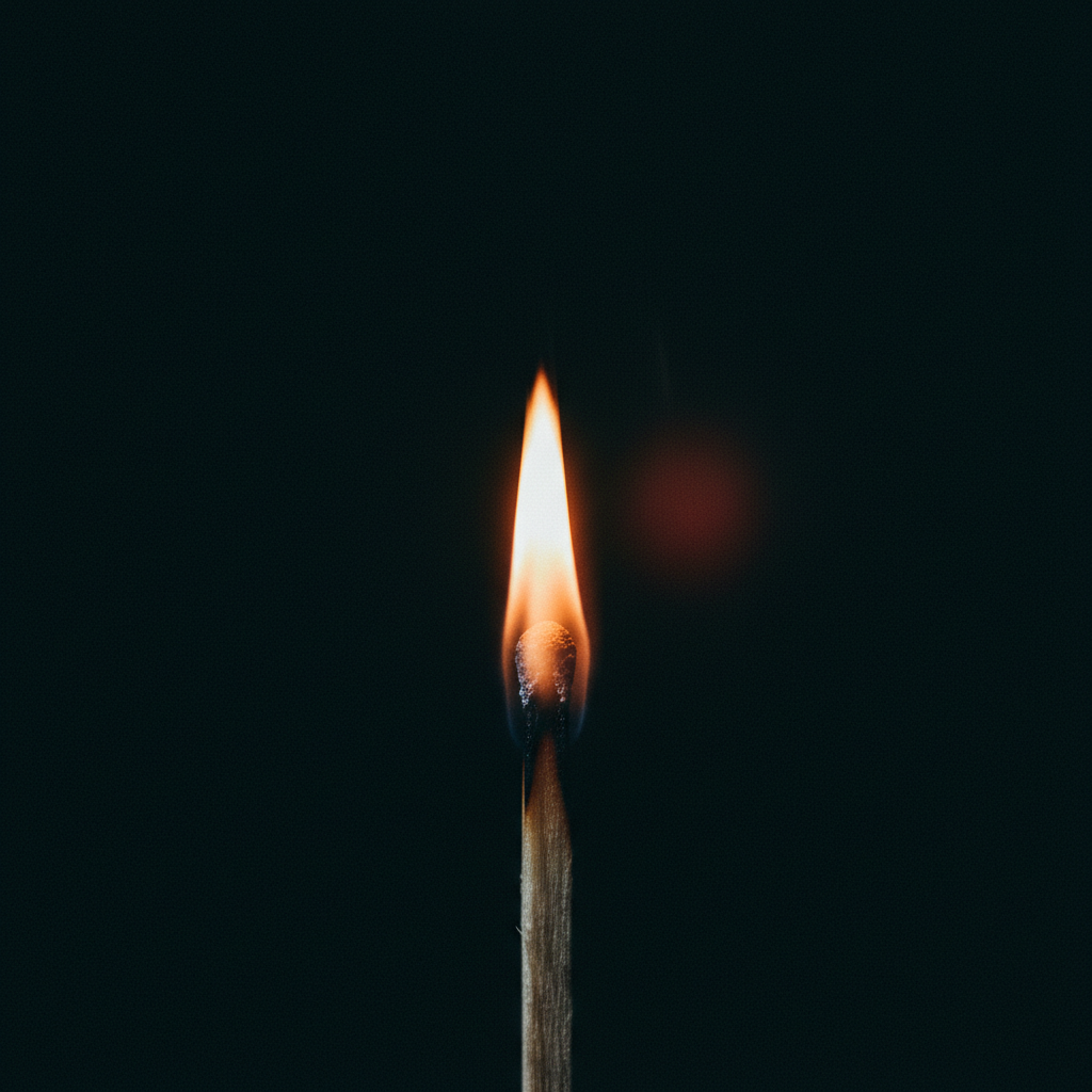 A single flame against darkness, warm amber light, the feeling of something just beginning